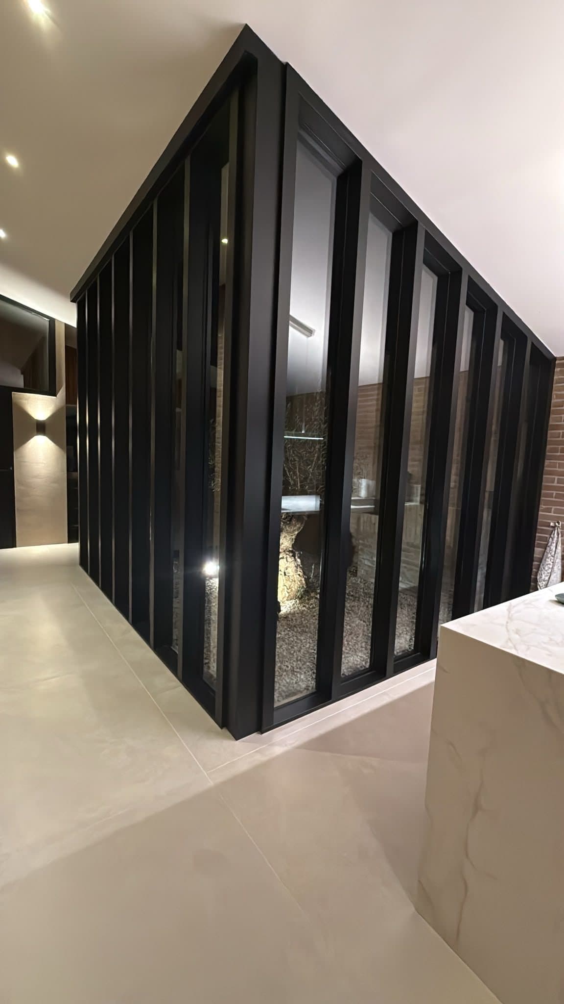 Hoek van de zelfgemaakte glazen patio met zwarte kozijnen en verlichte olijfboom, 's avonds